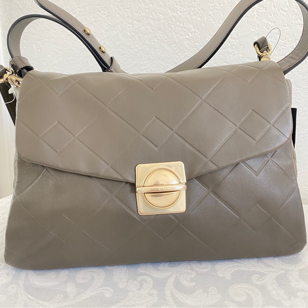 Marc by Marc Jacob olive gray embossed check flap 2 way bag